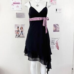 Studio Y Y2K Black Asymmetric Babydoll Dress with Mauve Ribbon Size 3